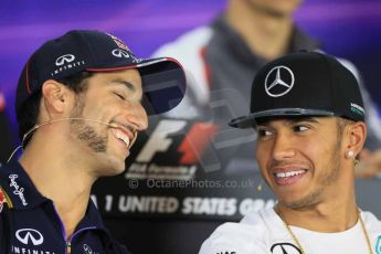 World © Octane Photographic Ltd. Thursday 30th October 2014, F1 USA GP, Austin, Texas, Circuit of the Americas (COTA) - FIA Press Conference. Infiniti Red Bull Racing – Daniel Ricciardo talks with Mercedes AMG Petronas – Lewis Hamilton. Digital Ref: 1143LB1D7340