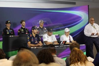 World © Octane Photographic Ltd. Thursday 30th October 2014, F1 USA GP, Austin, Texas, Circuit of the Americas (COTA) - FIA Press Conference. Infiniti Red Bull Racing – Daniel Ricciardo, Sahara Force India – Sergio Perez, Mercedes AMG Petronas – Lewis Hamilton, Sauber – Esteban Gutierrez, Lotus F1 Team - Romain Grosjean and Williams Martini Racing – Valtteri Bottas Digital Ref: 1143LW1L3444