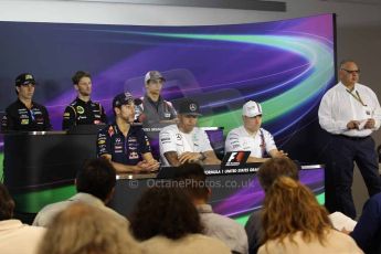 World © Octane Photographic Ltd. Thursday 30th October 2014, F1 USA GP, Austin, Texas, Circuit of the Americas (COTA) - FIA Press Conference. Infiniti Red Bull Racing – Daniel Ricciardo, Sahara Force India – Sergio Perez, Mercedes AMG Petronas – Lewis Hamilton, Sauber – Esteban Gutierrez, Lotus F1 Team - Romain Grosjean and Williams Martini Racing – Valtteri Bottas Digital Ref: 1143LW1L3448