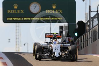 World © Octane Photographic Ltd. Sahara Force India VJM08B – Sergio Perez. Friday 27th November 2015, F1 Abu Dhabi Grand Prix, Practice 1, Yas Marina. Digital Ref: 1477CB1L5090
