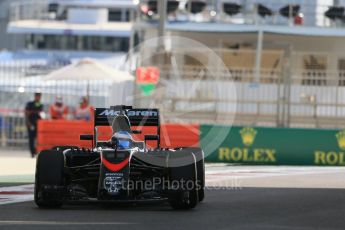 World © Octane Photographic Ltd. McLaren Honda MP4/30 – Fernando Alonso. Friday 27th November 2015, F1 Abu Dhabi Grand Prix, Practice 1, Yas Marina. Digital Ref: 1477LB1D6777