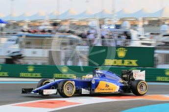 World © Octane Photographic Ltd. Sauber F1 Team C34-Ferrari – Marcus Ericsson. Friday 27th November 2015, F1 Abu Dhabi Grand Prix, Practice 2, Yas Marina. Digital Ref: 1478CB1L5747