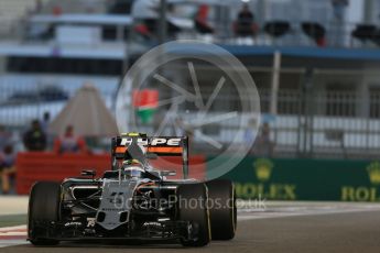 World © Octane Photographic Ltd. Sahara Force India VJM08B – Sergio Perez. Friday 27th November 2015, F1 Abu Dhabi Grand Prix, Practice 2, Yas Marina. Digital Ref: 1478LB1D7295