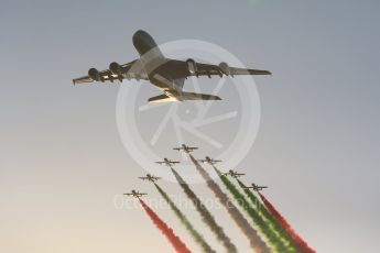 World © Octane Photographic Ltd. Etihad Airbus A380 and Al Fursan “The Knights” aerobatic team in their Aermacchi MB 339A. Digital Ref :