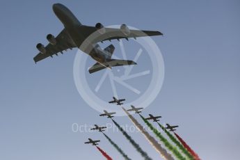 World © Octane Photographic Ltd. Etihad Airbus A380 and Al Fursan “The Knights” aerobatic team in their Aermacchi MB 339A. Digital Ref :