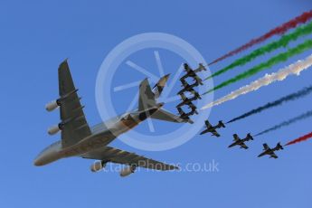 World © Octane Photographic Ltd. Etihad Airbus A380 and Al Fursan “The Knights” aerobatic team in their Aermacchi MB 339A. Digital Ref :