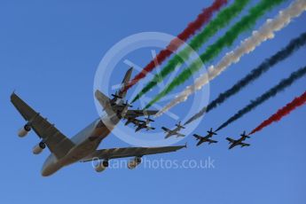 World © Octane Photographic Ltd. Etihad Airbus A380 and Al Fursan “The Knights” aerobatic team in their Aermacchi MB 339A. Digital Ref :
