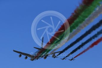 World © Octane Photographic Ltd. Etihad Airbus A380 and Al Fursan “The Knights” aerobatic team in their Aermacchi MB 339A. Digital Ref :