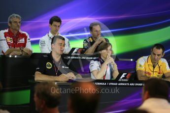 World © Octane Photographic Ltd.. Friday 27th November 2015, F1 Abu Dhabi Grand Prix, Team Personnel FIA Press Conference, Yas Marina. Cyril Abiteboul – Renault Sport F1, Maurizio Arrivabene – Scuderia Ferrari Team Principal, Fererico Gastaldi – Lotus F1 Team Deputy Team Principal, Christian Horner – Infiniti Red Bull Racing Team Principle, Claire Williams – Williams Martini Racing Deputy Team Principal, Toto Wolff – Mercedes AMG Petronas Executive Director. Digital Ref: 1480LB5D4331