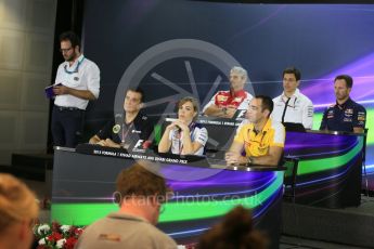 World © Octane Photographic Ltd.. Friday 27th November 2015, F1 Abu Dhabi Grand Prix, Team Personnel FIA Press Conference, Yas Marina. Cyril Abiteboul – Renault Sport F1, Maurizio Arrivabene – Scuderia Ferrari Team Principal, Fererico Gastaldi – Lotus F1 Team Deputy Team Principal, Christian Horner – Infiniti Red Bull Racing Team Principle, Claire Williams – Williams Martini Racing Deputy Team Principal, Toto Wolff – Mercedes AMG Petronas Executive Director. Digital Ref: 1480LB5D4344