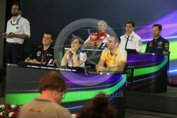 World © Octane Photographic Ltd.. Friday 27th November 2015, F1 Abu Dhabi Grand Prix, Team Personnel FIA Press Conference, Yas Marina. Cyril Abiteboul – Renault Sport F1, Maurizio Arrivabene – Scuderia Ferrari Team Principal, Fererico Gastaldi – Lotus F1 Team Deputy Team Principal, Christian Horner – Infiniti Red Bull Racing Team Principle, Claire Williams – Williams Martini Racing Deputy Team Principal, Toto Wolff – Mercedes AMG Petronas Executive Director. Digital Ref: 1480LB5D4349