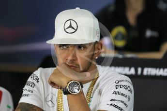 World © Octane Photographic Ltd. Thursday 26th November 2015, F1 Abu Dhabi Grand Prix, Drivers’ FIA Press Conference, Yas Marina. Mercedes AMG Petronas – Lewis Hamilton.  Digital Ref: 1471LB1D4912
