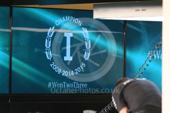 World © Octane Photographic Ltd. Mercedes AMG Petronas F1 garage wall for Lewis Hamilton. Thursday 26th November 2015, F1 Abu Dhabi Grand Prix, Setup, Yas Marina. Digital Ref: 1472CB7D1314