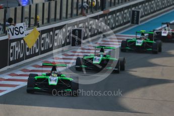 World © Octane Photographic Ltd. Saturday 28th November 2015. Status Grand Prix – Sandy Stuvik, Seb Morris and Alex Fontana. GP3 Race 1 - Yas Marina, Abu Dhabi. Digital Ref. :