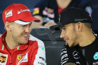 World © Octane Photographic Ltd. Mercedes AMG Petronas F1 W06 Hybrid – Lewis Hamilton talking with Scuderia Ferrari SF15-T– Sebastian Vettel FIA Drivers’ Press Conference. Thursday 12th March 2015, F1 Australian GP, Melbourne, Albert Park, Australia. Digital Ref: 1199LB1D4814