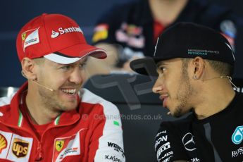 World © Octane Photographic Ltd. Mercedes AMG Petronas F1 W06 Hybrid – Lewis Hamilton talking with Scuderia Ferrari SF15-T– Sebastian Vettel FIA Drivers’ Press Conference. Thursday 12th March 2015, F1 Australian GP, Melbourne, Albert Park, Australia. Digital Ref: 1199LB1D4823