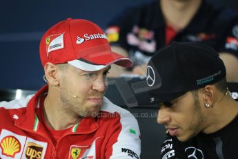 World © Octane Photographic Ltd. Mercedes AMG Petronas F1 W06 Hybrid – Lewis Hamilton talking with Scuderia Ferrari SF15-T– Sebastian Vettel FIA Drivers’ Press Conference. Thursday 12th March 2015, F1 Australian GP, Melbourne, Albert Park, Australia. Digital Ref: 1199LB1D4832