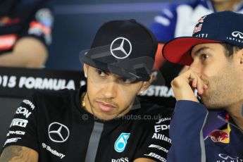 World © Octane Photographic Ltd. Infiniti Red Bull Racing RB11 – Daniel Ricciardo talking with Mercedes AMG Petronas F1 W06 Hybrid – Lewis Hamilton FIA Drivers’ Press Conference. Thursday 12th March 2015, F1 Australian GP, Melbourne, Albert Park, Australia. Digital Ref: 1199LB1D4847
