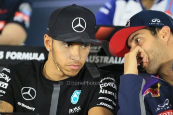 World © Octane Photographic Ltd. Infiniti Red Bull Racing RB11 – Daniel Ricciardo talking with Mercedes AMG Petronas F1 W06 Hybrid – Lewis Hamilton FIA Drivers’ Press Conference. Thursday 12th March 2015, F1 Australian GP, Melbourne, Albert Park, Australia. Digital Ref: 1199LB1D4893