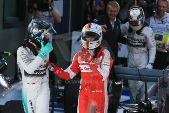 World © Octane Photographic Ltd. Scuderia Ferrari SF15-T– Sebastian Vettel and Mercedes AMG Petronas F1 W06 Hybrid – Nico Rosberg. Sunday 15th March 2015, F1 Australian GP Parc Ferme, Melbourne, Albert Park, Australia. Digital Ref: 1210LB1D0017