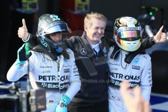World © Octane Photographic Ltd. Mercedes AMG Petronas F1 W06 Hybrid – Lewis Hamilton and Nico Rosberg. Sunday 15th March 2015, F1 Australian GP Parc Ferme, Melbourne, Albert Park, Australia. Digital Ref: 1210LB1D0080