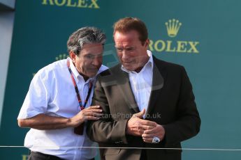 World © Octane Photographic Ltd. Arnold (Arnie) Schwarzenegger. Sunday 15th March 2015, F1 Australian GP Podium, Melbourne, Albert Park, Australia. Digital Ref: 1210LB1D0120