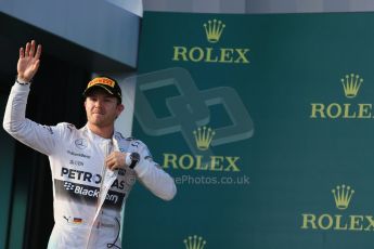World © Octane Photographic Ltd. Mercedes AMG Petronas F1 W06 Hybrid – Nico Rosberg (2nd). Sunday 15th March 2015, F1 Australian GP Podium, Melbourne, Albert Park, Australia. Digital Ref: 1210LB1D0156