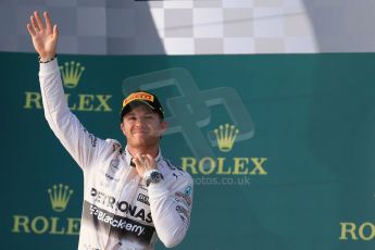 World © Octane Photographic Ltd. Mercedes AMG Petronas F1 W06 Hybrid – Nico Rosberg (2nd). Sunday 15th March 2015, F1 Australian GP Podium, Melbourne, Albert Park, Australia. Digital Ref: 1210LB1D0165