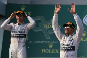 World © Octane Photographic Ltd. Mercedes AMG Petronas F1 W06 Hybrid – Lewis Hamilton (1st) and Nico Rosberg (2nd). Sunday 15th March 2015, F1 Australian GP Podium, Melbourne, Albert Park, Australia. Digital Ref: 1210LB1D0187