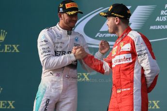 World © Octane Photographic Ltd. Mercedes AMG Petronas F1 W06 Hybrid – Lewis Hamilton (1st) and Scuderia Ferrari SF15-T– Sebastian Vettel (3rd). Sunday 15th March 2015, F1 Australian GP Podium, Melbourne, Albert Park, Australia. Digital Ref: 1210LB1D0204