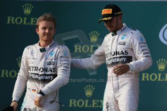World © Octane Photographic Ltd. Mercedes AMG Petronas F1 W06 Hybrid – Lewis Hamilton (1st) and Nico Rosberg (2nd). Sunday 15th March 2015, F1 Australian GP Podium, Melbourne, Albert Park, Australia. Digital Ref: 1210LB1D0208