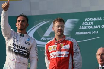 World © Octane Photographic Ltd. Mercedes AMG Petronas F1 W06 Hybrid – Lewis Hamilton (1st) and Scuderia Ferrari SF15-T– Sebastian Vettel (3rd). Sunday 15th March 2015, F1 Australian GP Podium, Melbourne, Albert Park, Australia. Digital Ref: 1210LB1D0228