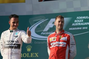 World © Octane Photographic Ltd. Mercedes AMG Petronas F1 W06 Hybrid – Lewis Hamilton (1st) and Scuderia Ferrari SF15-T– Sebastian Vettel (3rd). Sunday 15th March 2015, F1 Australian GP Podium, Melbourne, Albert Park, Australia. Digital Ref: 1210LB1D0274