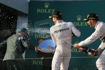 World © Octane Photographic Ltd. Mercedes AMG Petronas F1 W06 Hybrid – Lewis Hamilton (1st) and Nico Rosberg (2nd). Sunday 15th March 2015, F1 Australian GP Podium, Melbourne, Albert Park, Australia. Digital Ref: 1210LB1D0393