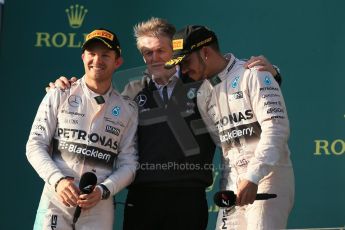 World © Octane Photographic Ltd. Mercedes AMG Petronas F1 W06 Hybrid – Lewis Hamilton (1st) and Nico Rosberg (2nd). Sunday 15th March 2015, F1 Australian GP Podium, Melbourne, Albert Park, Australia. Digital Ref: 1210LB1D0721