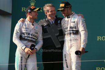 World © Octane Photographic Ltd. Mercedes AMG Petronas F1 W06 Hybrid – Lewis Hamilton (1st) and Nico Rosberg (2nd). Sunday 15th March 2015, F1 Australian GP Podium, Melbourne, Albert Park, Australia. Digital Ref: 1210LB1D0729