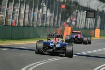 World © Octane Photographic Ltd. Scuderia Toro Rosso STR10 – Carlos Sainz Jnr and Infiniti Red Bull Racing RB11 – Daniil Kvyat. Friday 13th March 2015, F1 Australian GP Practice 1, Melbourne, Albert Park, Australia. Digital Ref: 1200LB1D5665