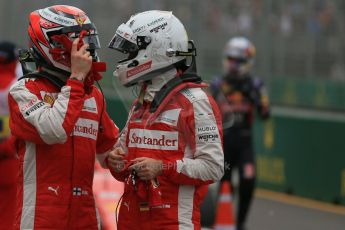 World © Octane Photographic Ltd. Scuderia Ferrari SF15-T– Sebastian Vettel and Kimi Raikkonen. Saturday 14th March 2015, F1 Australian GP Qualifying Parc Ferme, Melbourne, Albert Park, Australia. Digital Ref: 1206LB1D8058