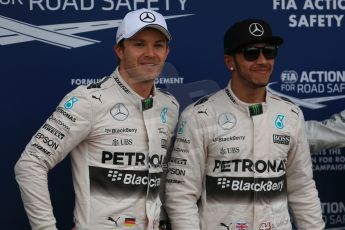 World © Octane Photographic Ltd. Mercedes AMG Petronas F1 W06 Hybrid – Lewis Hamilton and Nico Rosberg. Saturday 14th March 2015, F1 Australian GP Qualifying Parc Ferme, Melbourne, Albert Park, Australia. Digital Ref: 1206LB1D8149