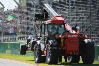 World © Octane Photographic Ltd. Lotus F1 Team E23 Hybrid of Pastor Maldonado being recovered. Sunday 15th March 2015, F1 Australian GP Race, Melbourne, Albert Park, Australia. Digital Ref: 1209LB1D9538