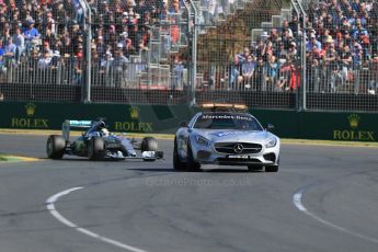 World © Octane Photographic Ltd. Mercedes AMG Petronas F1 W06 Hybrid – Lewis Hamilton behind the Mercedes AMG GT Safety Car. Sunday 15th March 2015, F1 Australian GP Race, Melbourne, Albert Park, Australia. Digital Ref: 1209LB1D9542