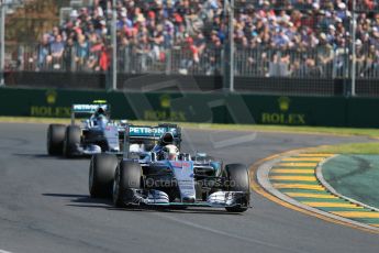 World © Octane Photographic Ltd. Mercedes AMG Petronas F1 W06 Hybrid – Lewis Hamilton and Nico Rosberg. Sunday 15th March 2015, F1 Australian GP Race, Melbourne, Albert Park, Australia. Digital Ref: 1209LB1D9555
