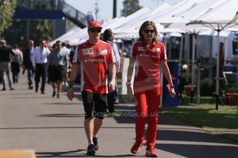 World © Octane Photographic Ltd. Scuderia Ferrari SF15-T– Kimi Raikkonen and press officer Stefania Bocchi. Saturday 14th March 2015, F1 Australian GP Paddock, Melbourne, Albert Park, Australia. Digital Ref: 1205LB1D6562