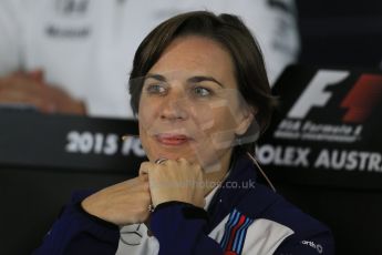 World © Octane Photographic Ltd. Williams Martini Racing – Claire Williams – Deputy Team Principle. Friday 13th March 2015, F1 Australian GP FIA Team Boss Press Conference, Melbourne, Albert Park, Australia. Digital Ref: 1202LB1D6349