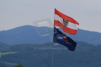 World © Octane Photographic Ltd. Austrian and Red Bull f;lags flying. Thursday 18th June 2015, F1 Paddock, Red Bull Ring, Spielberg, Austria. Digital Ref: 1302CB7D3107