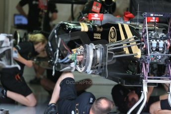 World © Octane Photographic Ltd. Lotus F1 Team E23 Hybrid front brake and suspension – Romain Grosjean. Thursday 18th June 2015, F1 Austrian GP Paddock, Red Bull Ring, Spielberg, Austria. Digital Ref: 1302LB1D4611