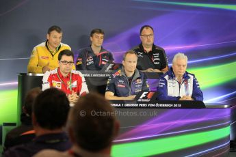 World © Octane Photographic Ltd. FIA Team Personnel Press Conference. Friday 19th June 2015, F1 Austrian GP, Red Bull Ring, Spielberg, Austria. Scuderia Ferrari Chief operating Officer (Power Unit) – Mattia Binotto, Scuderia Toro Rosso Technical Director – James Key, Sahara Force India Chief Engineer – Tom McCollough, Infiniti Red Bull Racing Chief Engineer (Car Engineering) – Paul Monaghan, Williams Martini Racing Chief Technical Officer – Pat Symonds and Renault Sport F1 Chief Technical Officer – Rob White. Digital Ref: 1308LW1L3338