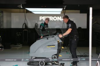 World © Octane Photographic Ltd. Mercedes AMG Petronas garage polishing. Saturday 20th June 2015, F1 Austrian GP Qualifying Parc Ferme, Red Bull Ring, Spielberg, Austria. Digital Ref: 1312CB5D5069