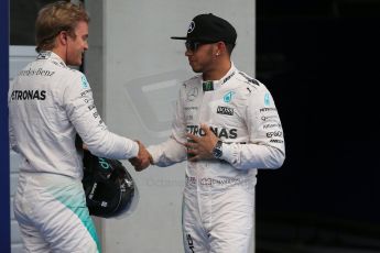 World © Octane Photographic Ltd. Mercedes AMG Petronas F1 W06 Hybrid – Lewis Hamilton and Nico Rosberg. Saturday 20th June 2015, F1 Qualifying Parc Ferme, Red Bull Ring, Spielberg, Austria. Digital Ref: 1312LB1D8414
