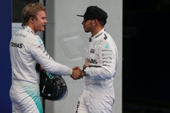 World © Octane Photographic Ltd. Mercedes AMG Petronas F1 W06 Hybrid – Lewis Hamilton and Nico Rosberg. Saturday 20th June 2015, F1 Qualifying Parc Ferme, Red Bull Ring, Spielberg, Austria. Digital Ref: 1312LB1D8418
